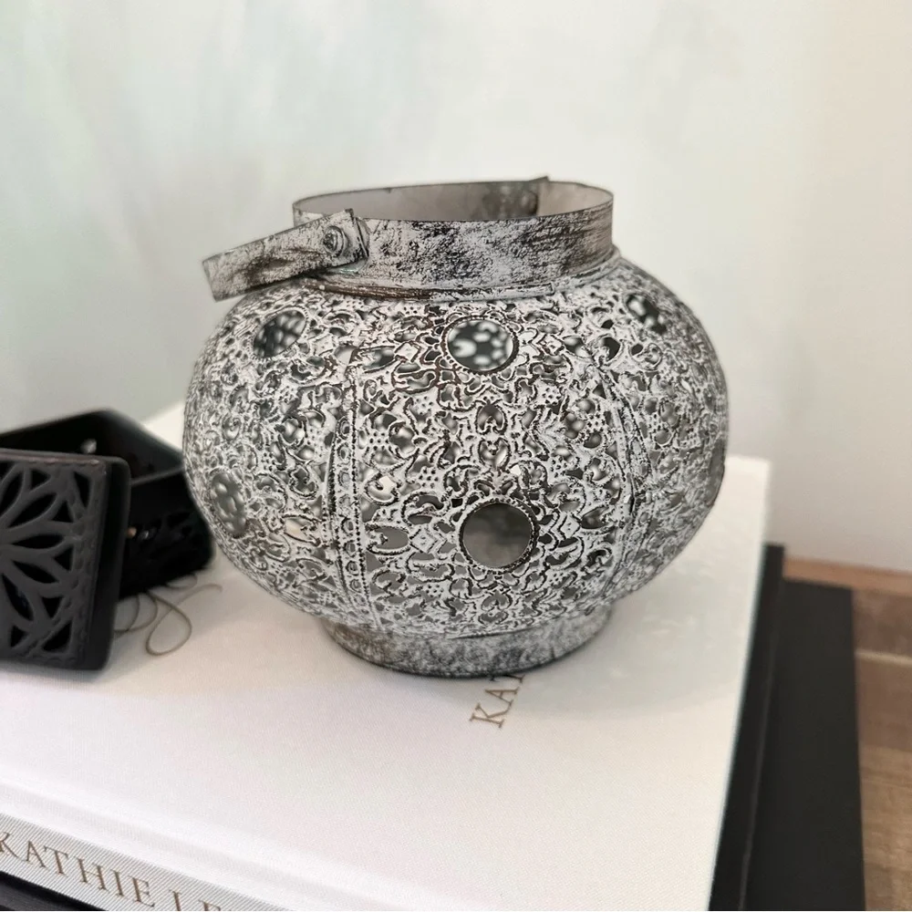 Decorative Metal Lantern Or Vase Perforated Metal With Vintage Look Handle